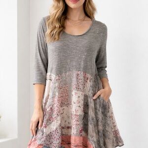 Sundance Boho Patchwork Tunic Dress Lagenlook Flowy Gray Floral Size